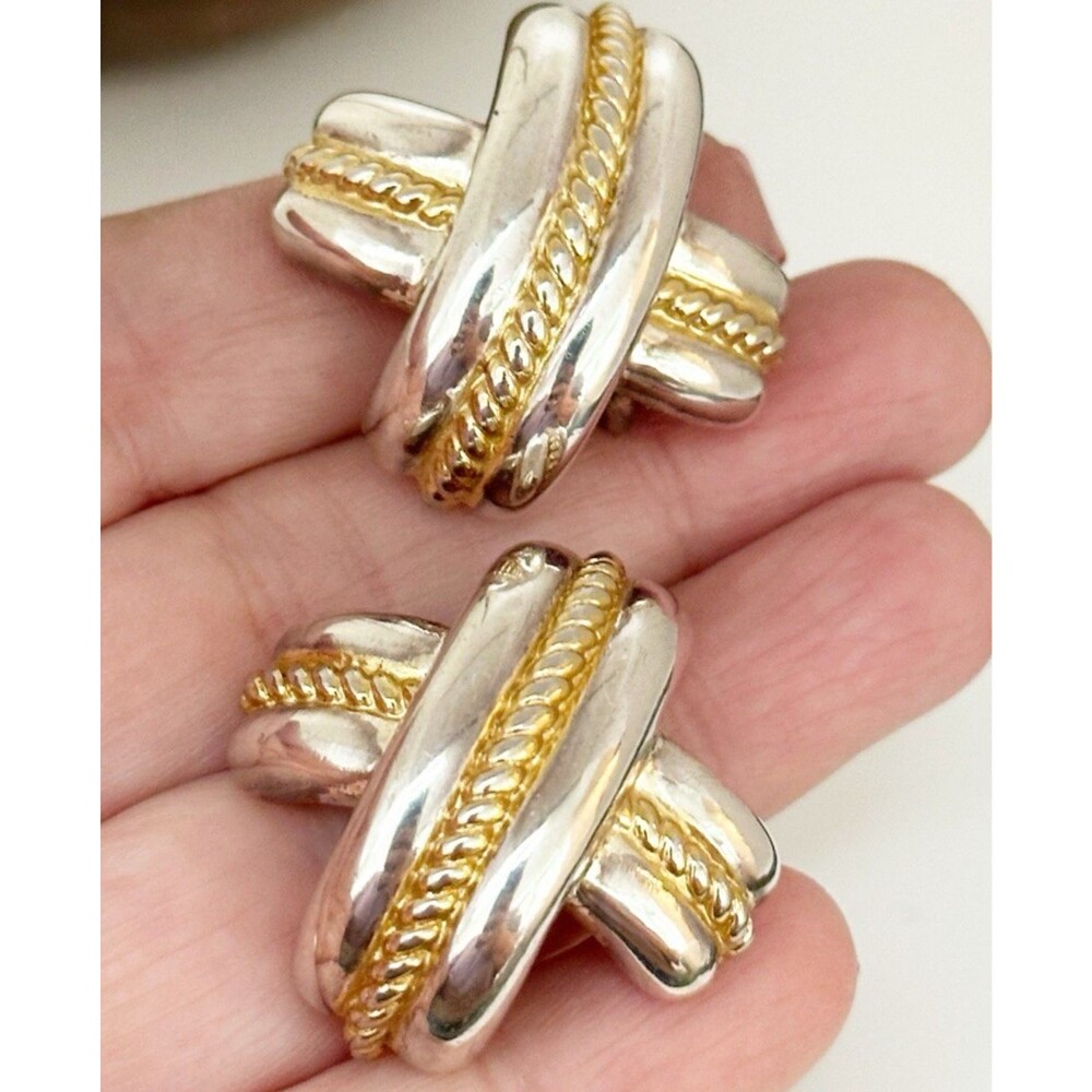 Vintage 1990's Silver And Gold Tone X Shaped Modern Clip Earrings Chunky